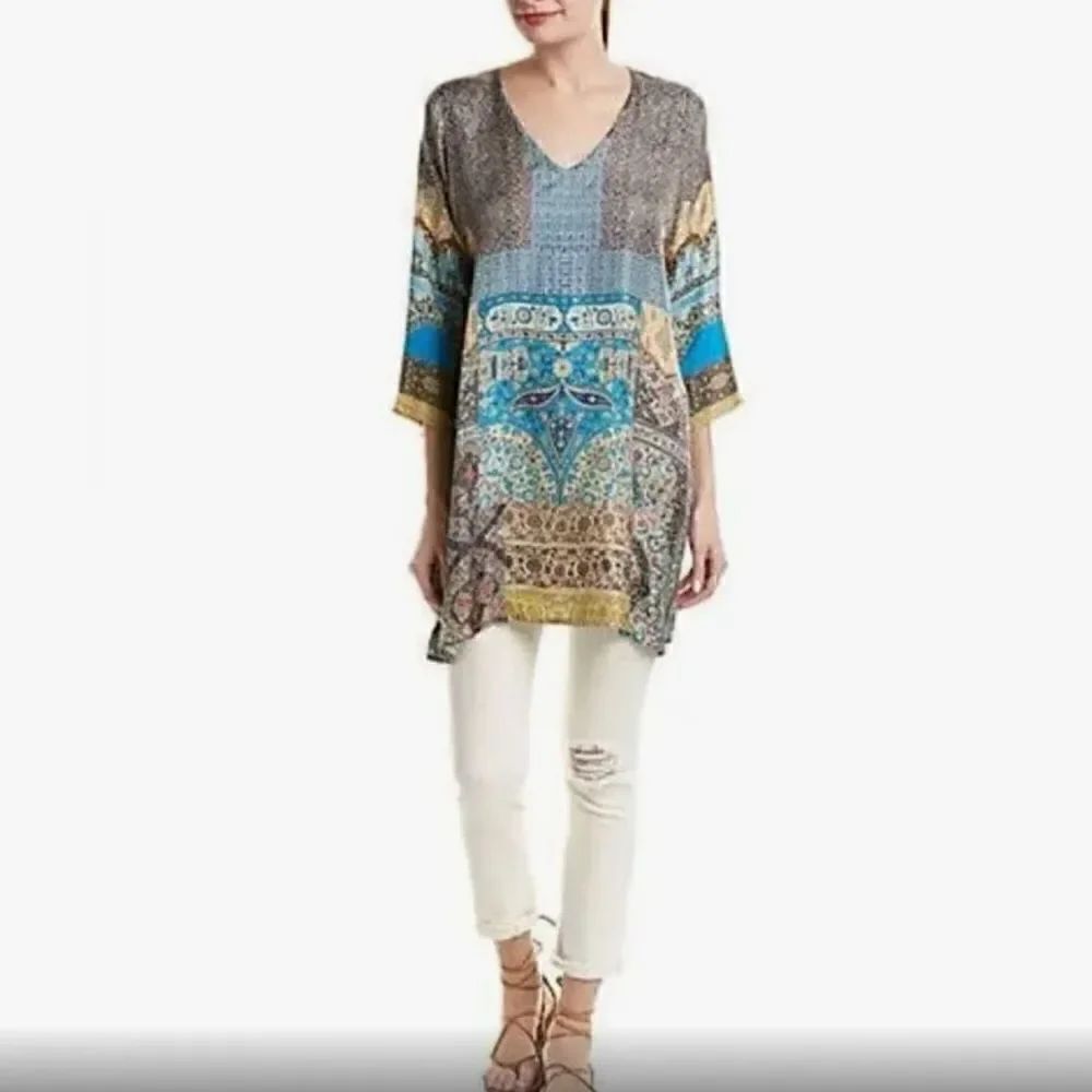 Johnny Was Journey 3/4-Sleeve V-Neck Printed Silk Tunic